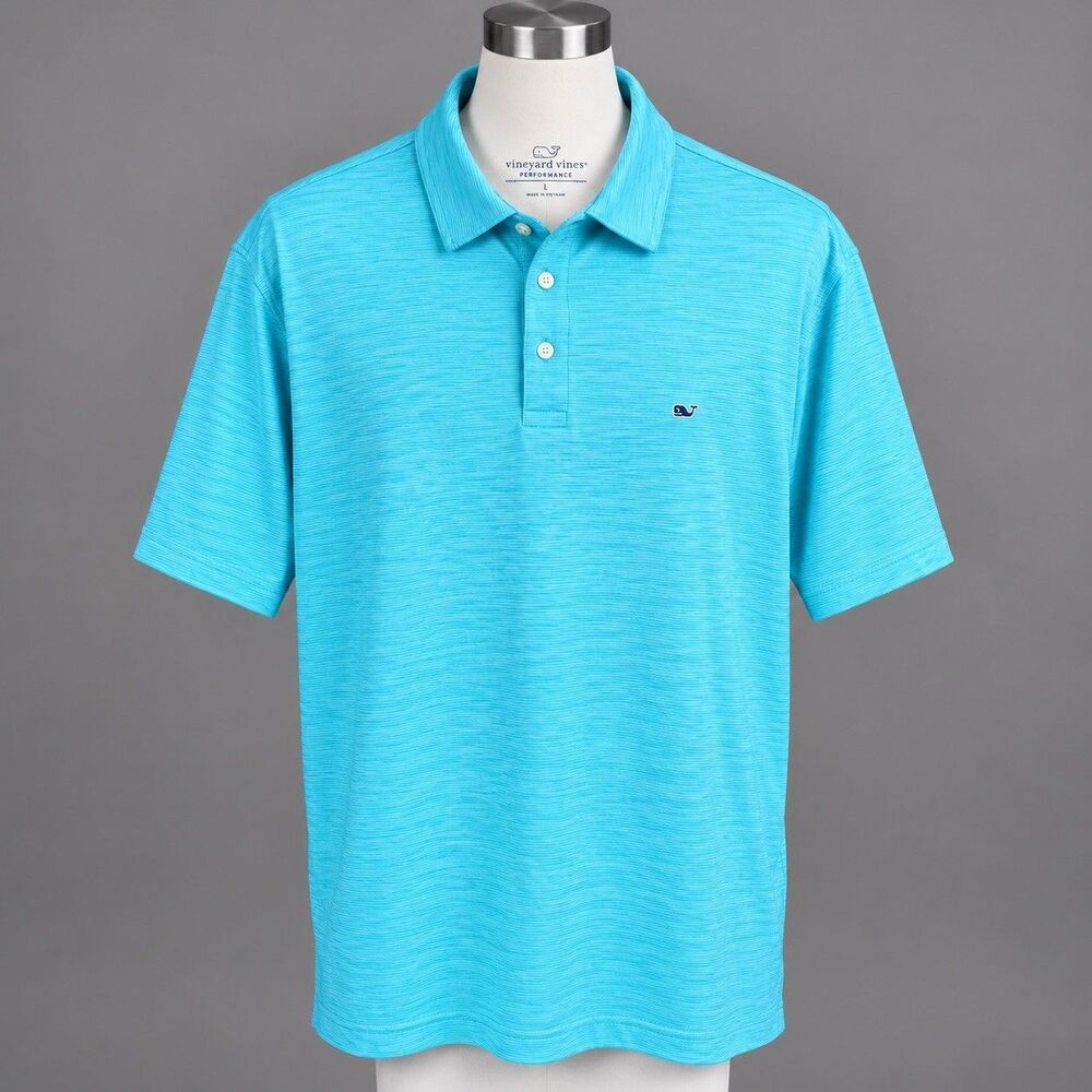 Vineyard Vines Men XL Performance Striped Polo Shirt Turquoise Blue Golf Coastal